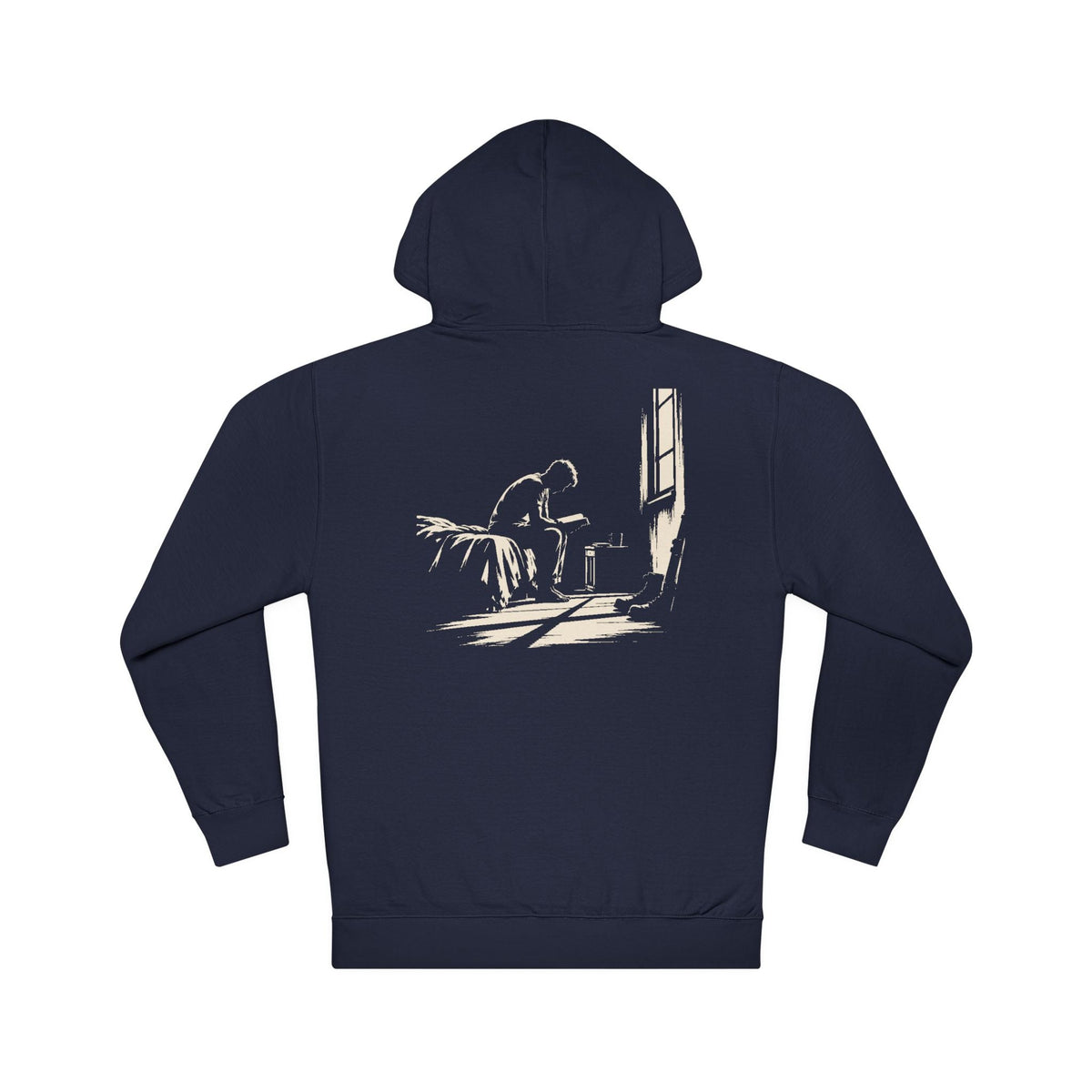 Navy Discipline Yourself hoodie, back view with young man reading