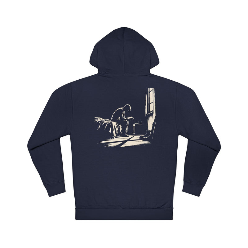 Navy Discipline Yourself hoodie, back view with young man reading