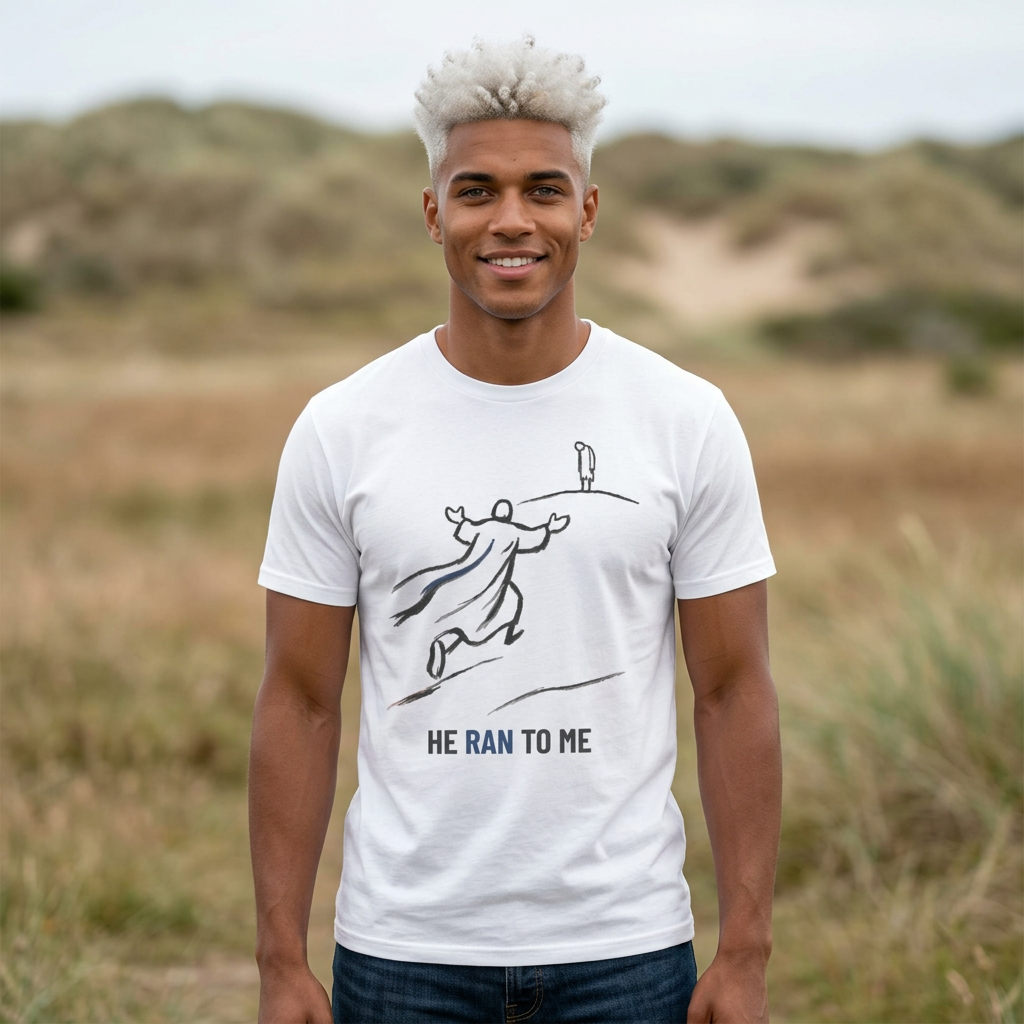 He Ran to Me T-Shirt — Christian Faith Jesus Running Design