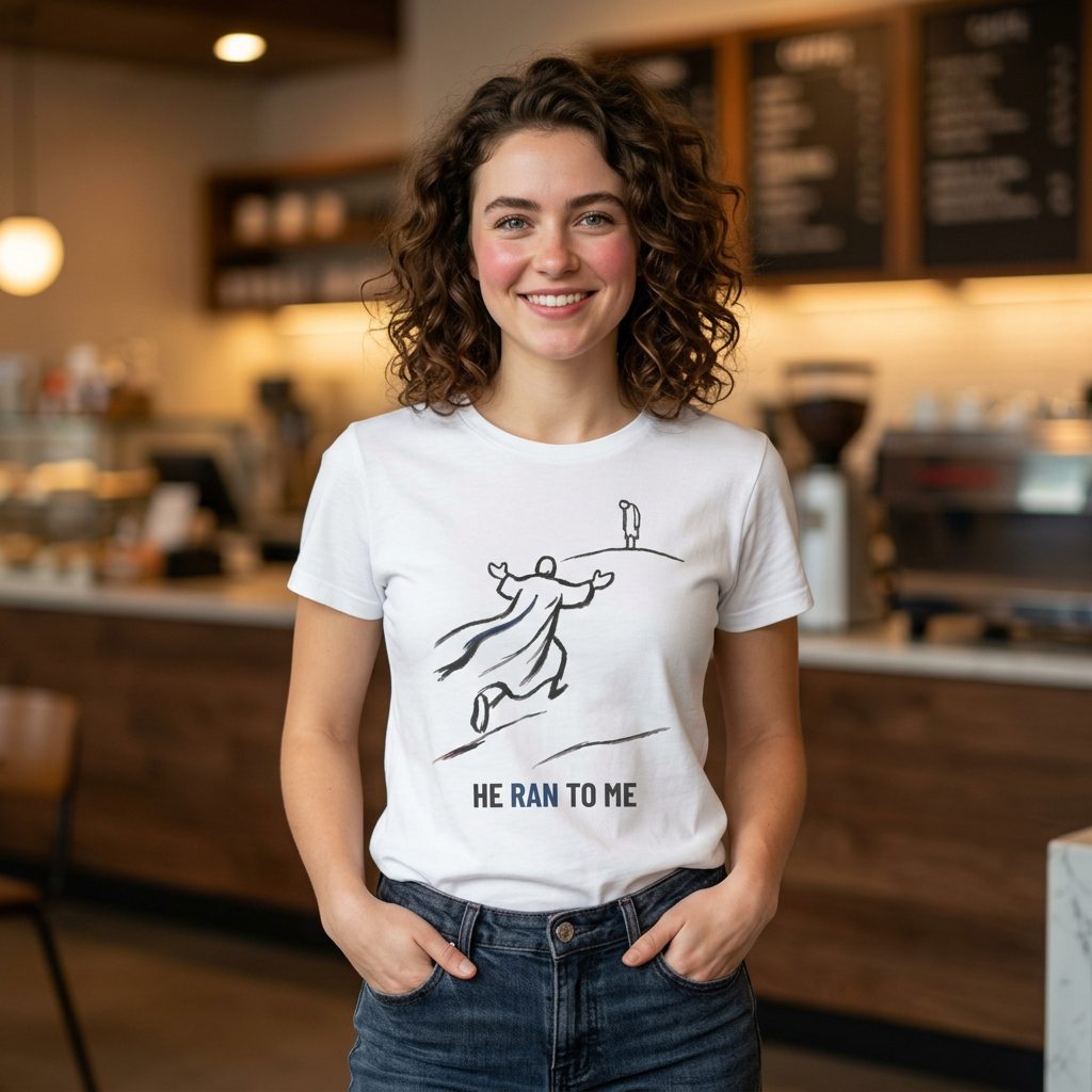 He Ran to Me T-Shirt — Christian Faith Jesus Running Design
