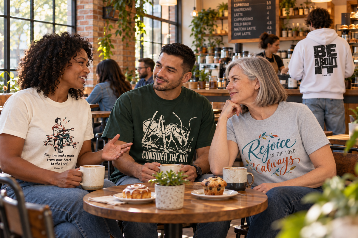Three friends sharing coffee in Walking Salty guitar, Consider the Ant, and Rejoice shirts, with a Be About It back print at the counter.