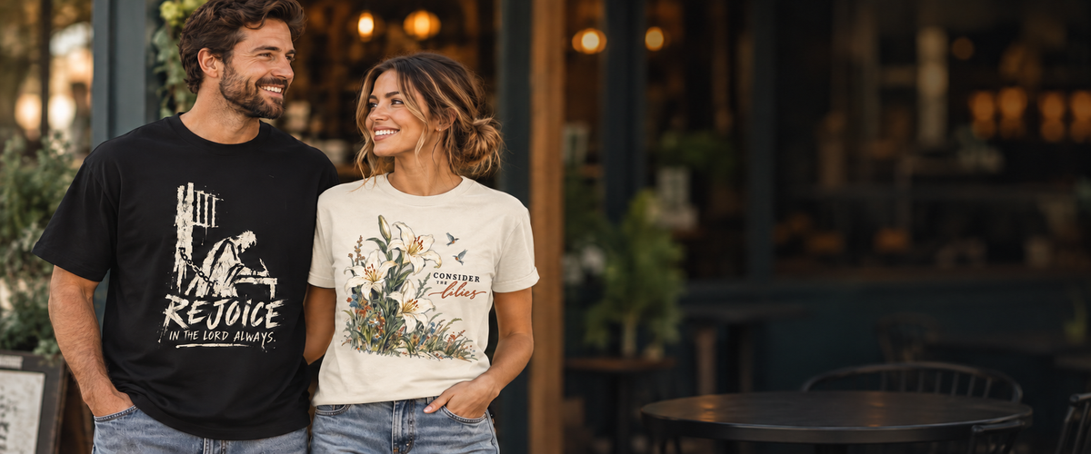 Man wearing a black Rejoice shirt and woman wearing a natural Consider the Lilies shirt outside a café.