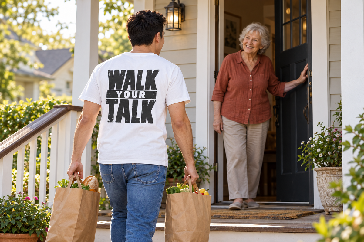 A young man wearing a Walk Your Talk tee carries groceries to an older neighbor's porch.